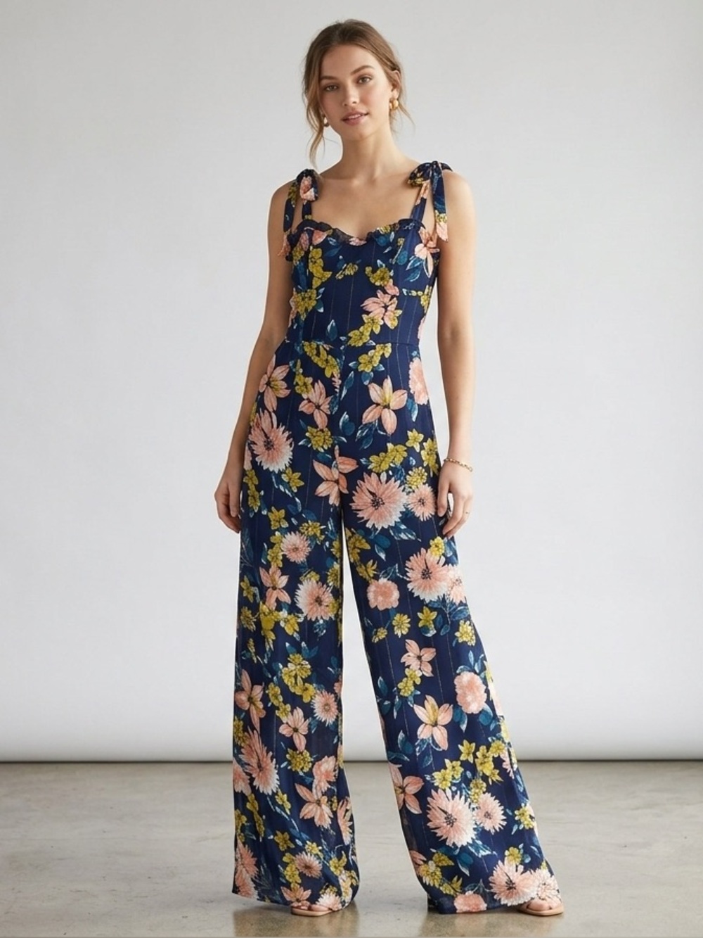 LULU’S Wide Leg Floral Jumpsuit S 16” p2p + Navy Multi NWT